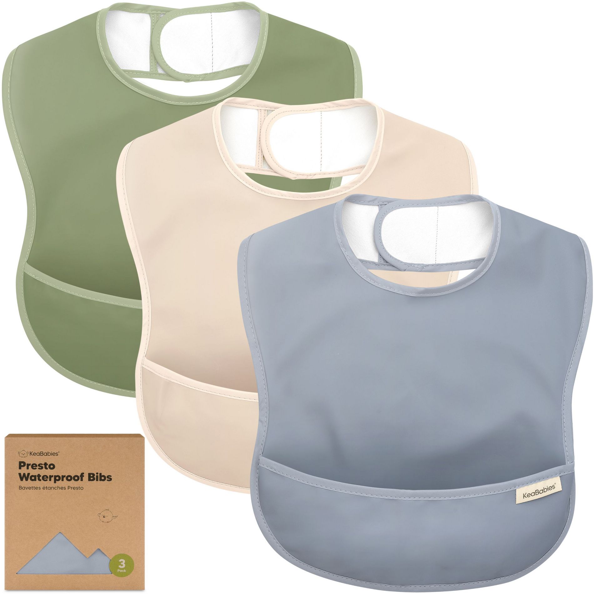 KeaBabies 3pk Presto Baby Bibs Waterproof with Food Catcher, Lightweight Toddler Bibs for Eating (Slate)
