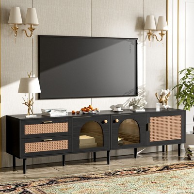 NicBex Rattan TV Stand for 80 Inch TV with LED Lights,TV Entertainment Center with 2 Drawers and Cabinets,TV Console Table for Living Room
