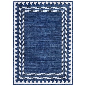 Washable Geometric Bordered Living Room Rugs, Contemporary Non Slip Low Pile Bedroom Carpet, Stain Resistant Dining Room Rugs - 1 of 4