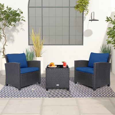 Costway 3pcs Patio Wicker Furniture Set With Beige & Navy Cushion ...