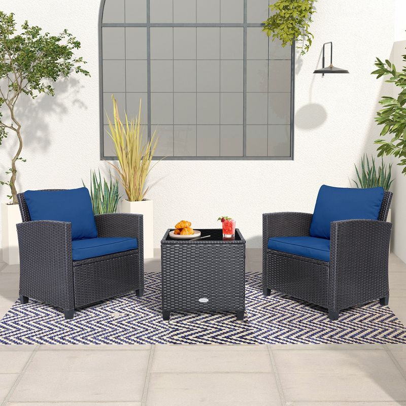 Costway 3PCS Patio Wicker Furniture Set with Beige & Navy Cushion Covers Balcony, 1 of 11