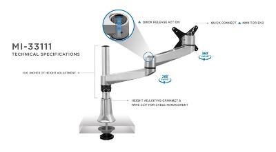 Silver Single Dual-Segment Monitor Desk Mount with Full Motion Arm