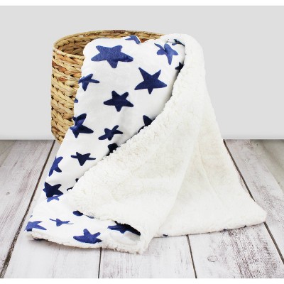 Lila and Jack Baby Blanket Navy Star Printed Mink with Natural Sherpa Backing Kids' Throw