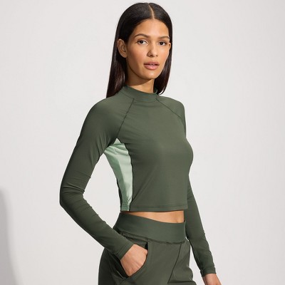 Lands' End Women's Long Sleeve Mock Neck Cropped UPF 50 Sun Protection Rash Guard