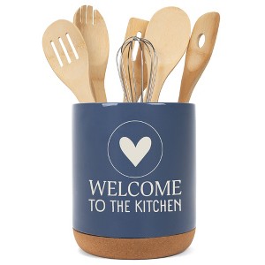 Elanze Designs Welcome to the Kitchen Ceramic Cork Bottom Navy Blue Large Capacity Utensil Holder Crock for Countertop Storage, Stylish & Durable for - 1 of 4
