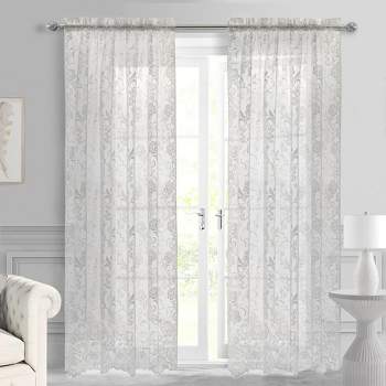 Habitat Limoges Sheer Rod Pocket Timeless and Naturalistic Floral Designs Curtain Panel White