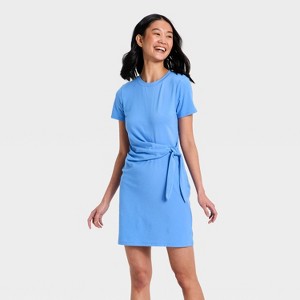 tie front short sleeve dress Women's Short Sleeve Tie-Front Knit Mini Dress
