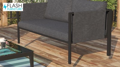 Sophisticated Steel Frame Outdoor Loveseat with Light Gray Cushions and Storage