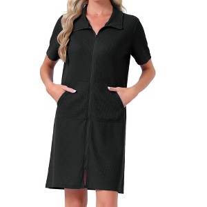 INSPIRE CHIC Womens Zipper Robes Waffle Short Sleeves Knee Length Lightweight House Coat Sleepwear Bathrobe with Pockets Large Black