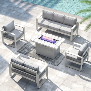 LayinSun 5 Pieces Aluminum Outdoor Patio Furniture Set, Metal Modern Conversation Sofa Set with Fire Pit Table and Washable Thick Cushions - 1 of 4