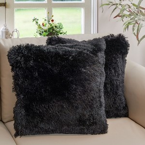 Cheer Collection Super Soft Shaggy Long Hair Throw Pillows Set of 2 - Black (24" x 24") - 1 of 4