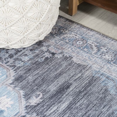 Gray and Blue Chenille Medallion Washable Area Rug