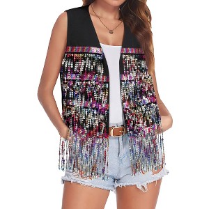Nlife Women's Solid Color Sparkly Sequin Fringed Trim Sleeveless Glitter Jacket - 1 of 4