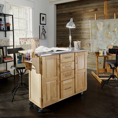 Natural Wood Kitchen Cart with Stainless Steel Top and Drop Leaf