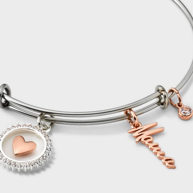 Silver Plated Two-Tone &#34;Mama&#34; Heart and Cubic Zirconia Bezel Bangle Bracelet - Rose Gold/Silver, 3 of 4