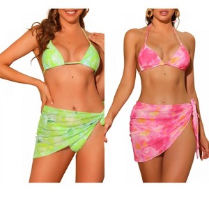 INSPIRE CHIC Women's Dye Halter Tie Triangle Swimsuits with Sarong Cover Ups Beach Skirt Bikini 2 Set - 1 of 4