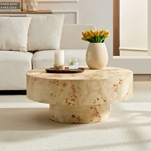 31.49" MDF with Burl Wood Veneer Round Mid Century Modern Coffee Table with Sturdy Pedestal and Multi-Functional Use - 1 of 4