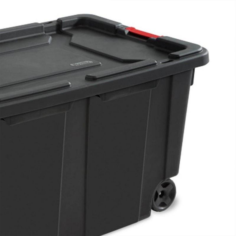 Sterilite 40 Gal Wheeled Industrial Tote, Stackable Storage Bin with Latch Lid, Plastic Container with Heavy Duty Latches, Black Base and Lid, 4-Pack, 4 of 7