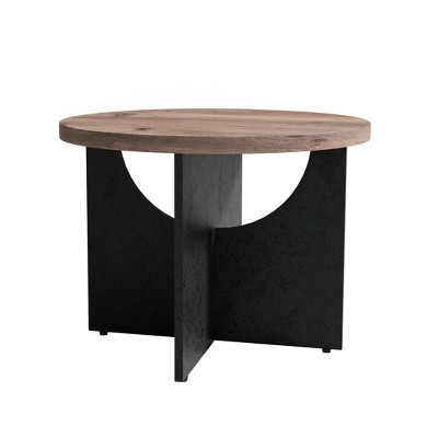 HomeRoots 18" Light Brown and Black Wood Round Cross Legs End Table