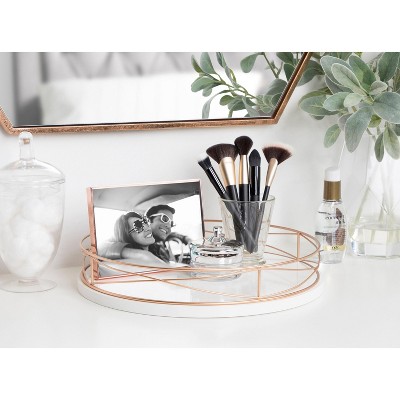 White and Rose Gold 14" Round MDF Tray with Metal Rim