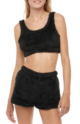 ADR Plush Crop Top and Shorts Women's Fleece Pajamas Set Black Medium