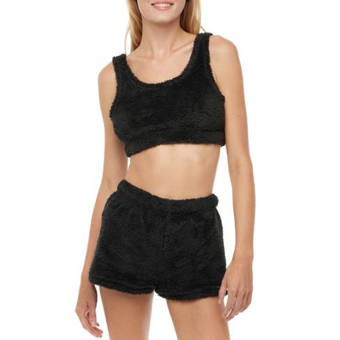 ADR Plush Crop Top and Shorts Women's Fleece Pajamas Set Black Large