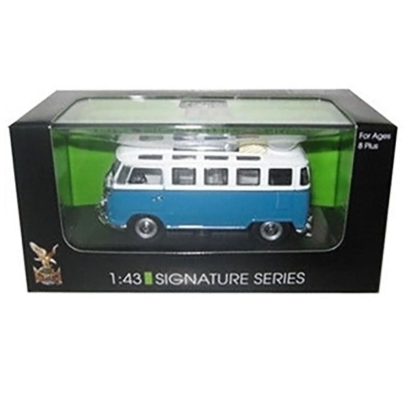 1962 Volkswagen Microbus Van with Open Roof Blue and White 1/43 Diecast Model Car by Road Signature, 3 of 4