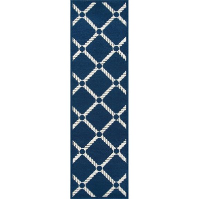 Nautical Navy Synthetic 2'3" x 7'6" Easy-Care Runner Rug