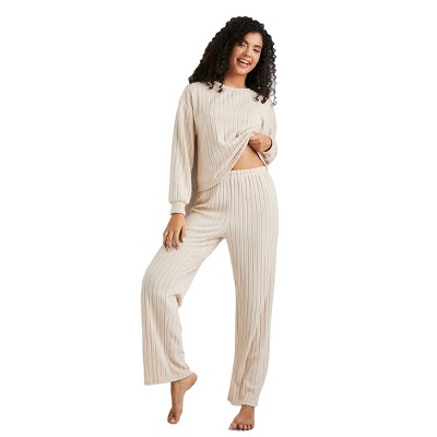 Women's Beige Ribbed Knit Long Sleeve Top & Pants Pajama Set - Cupshe
