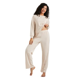 Women's Beige Ribbed Knit Long Sleeve Top & Pants Pajama Set - Cupshe - 1 of 4