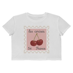 Rerun Island Women's Les Cerises France Short Sleeve Graphic Cotton Cropped Loose T-shirt - Bright White 2X - 1 of 4
