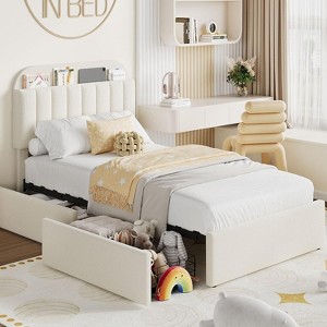 Boucle Upholstered Bed Frame with 2 Drawers & Bookcase Headboard, No Box Spring Needed, Easy Assembly for Kids/Girls - 1 of 4