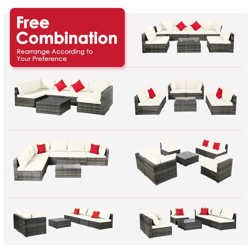 Tangkula 7 PCS Outdoor Patio Furniture Set All-Weather PE Rattan Sofa Set w/Coffee Table & Cushions, 4 of 11