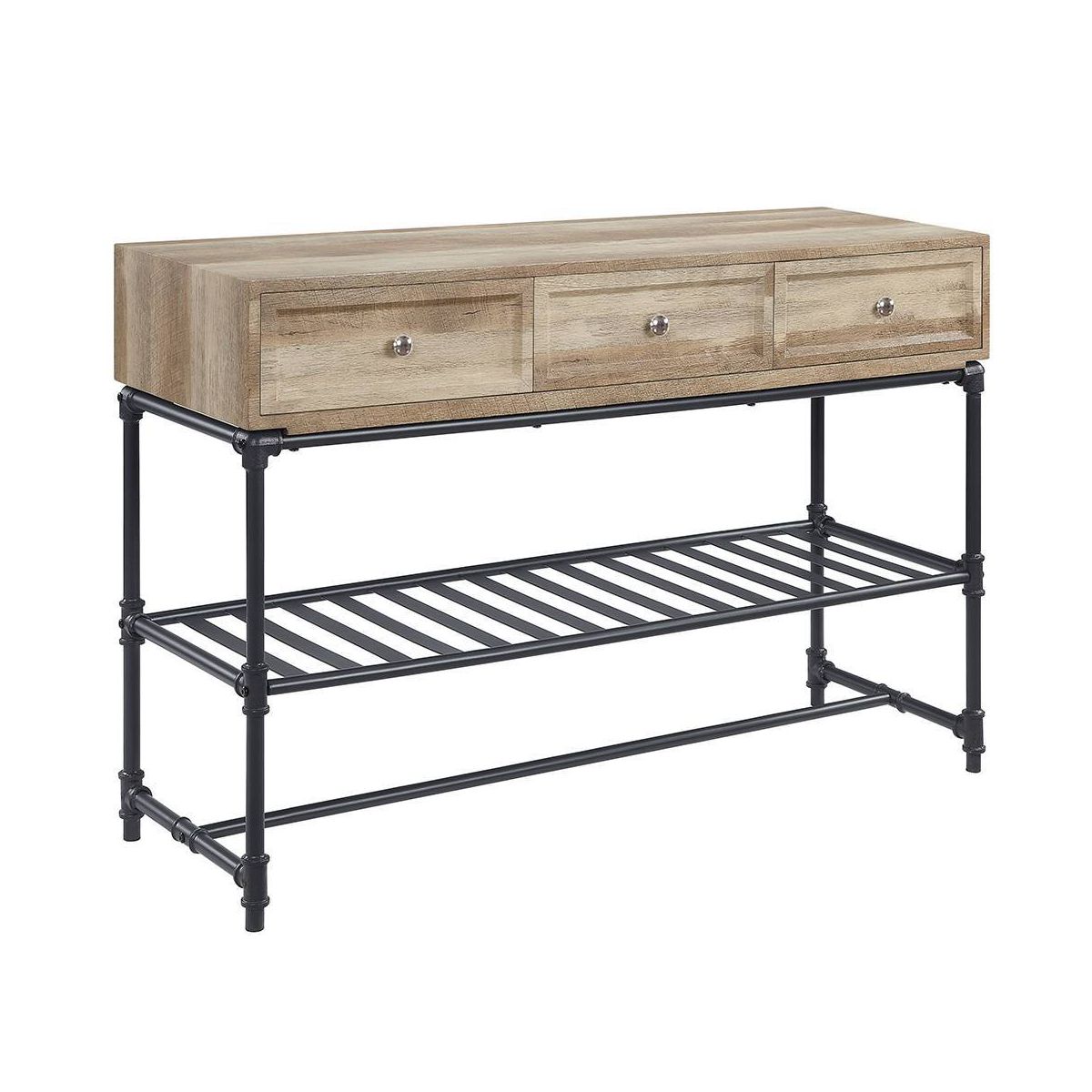 Brantley 47" Accent Tables Oak and Sandy Black - Acme Furniture: 3-Drawer, Metal Frame, Wood Composite Top