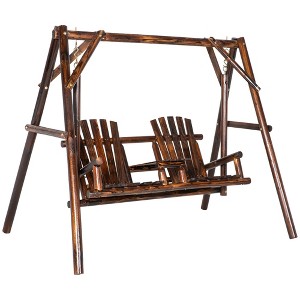 Outsunny Outdoor Adirondack Chair 2 Seat Freestanding Solid Wood Rustic Log Porch Swing Chair with Center Table - 1 of 4