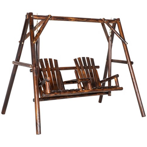 Outsunny Outdoor Adirondack Chair 2 Seat Freestanding Solid Wood Rustic Log Porch Swing Chair With Center Table Target
