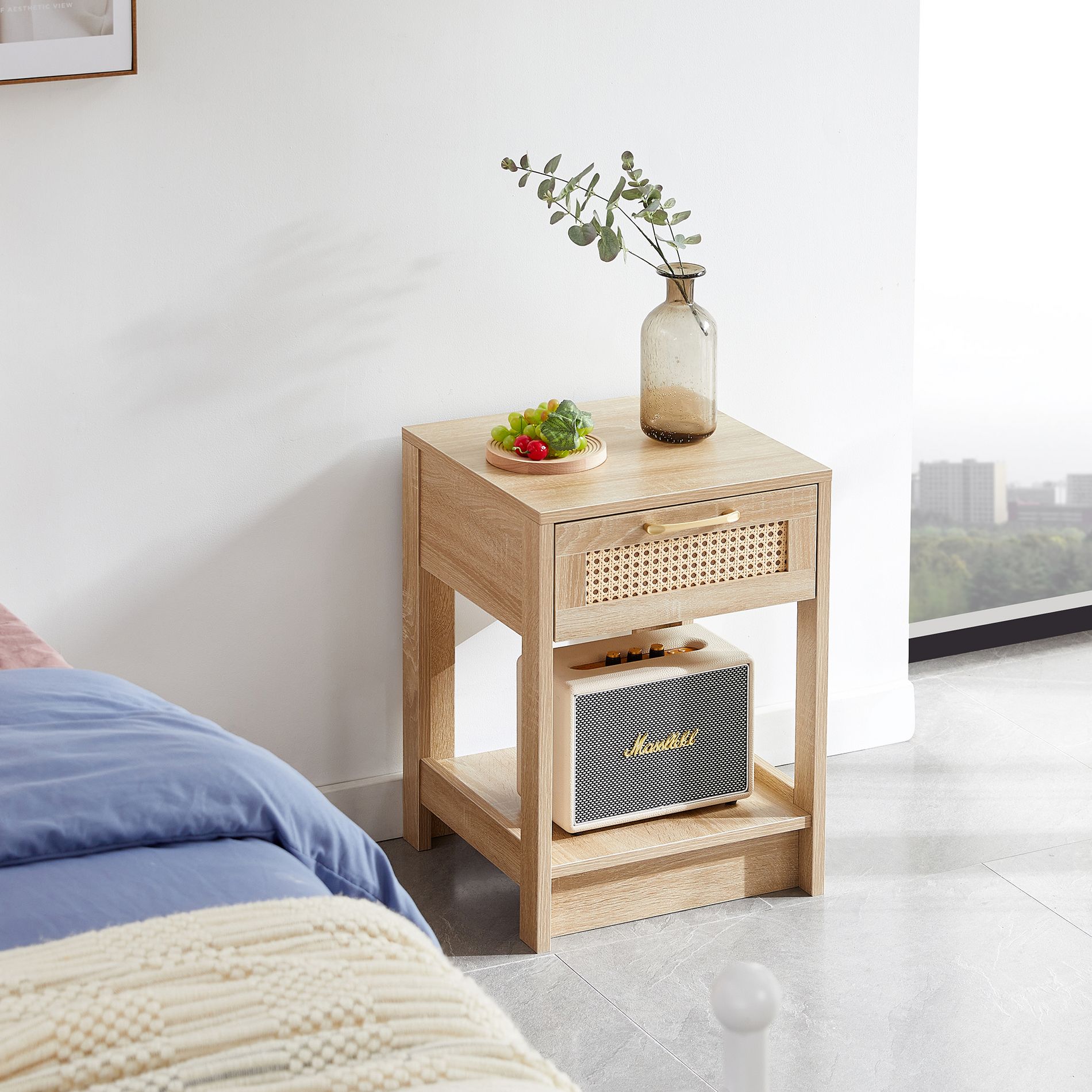 15.75" Rattan Nightstand with Drawer, Modern Nightstand for Bedroom or Living Room, Natural