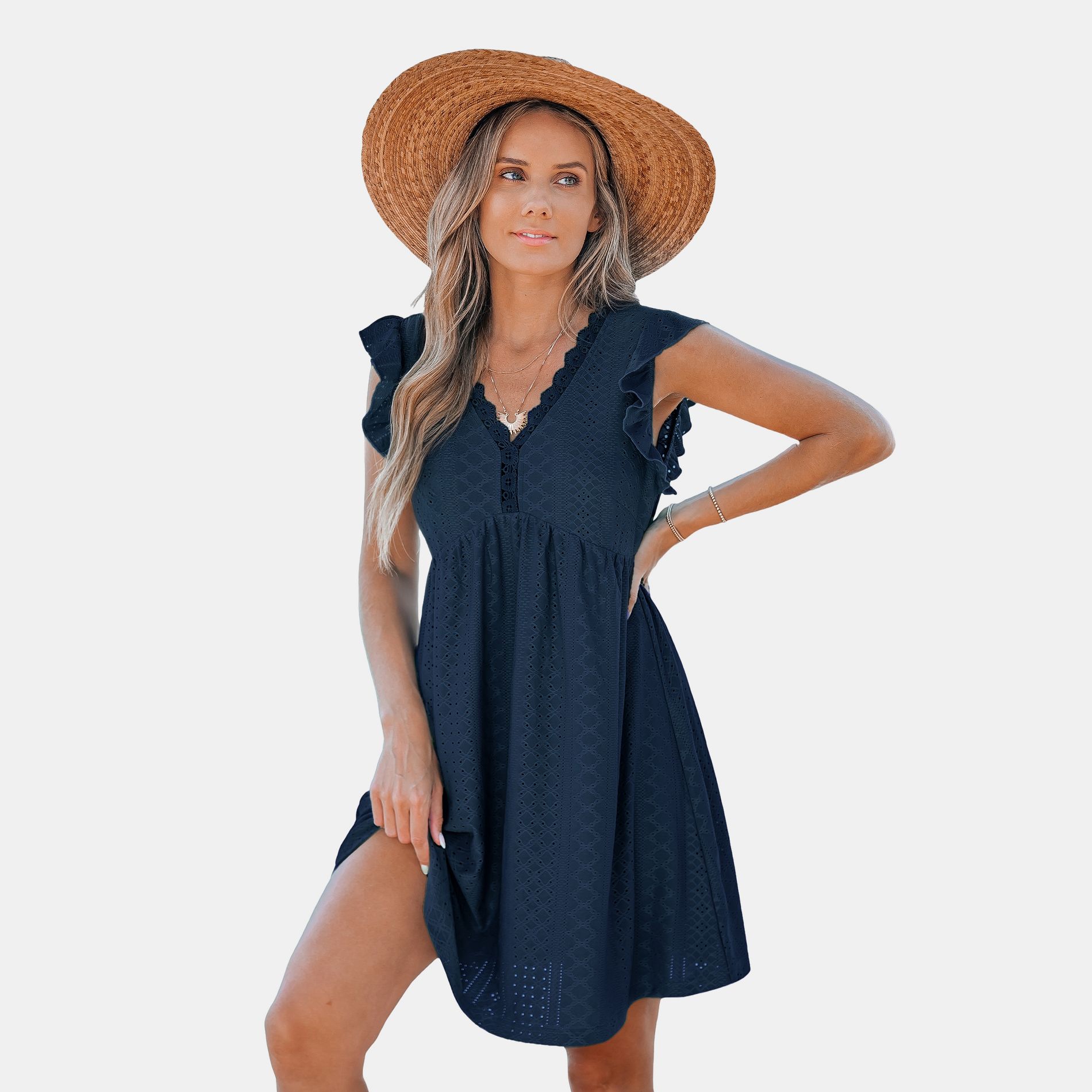 Women's Creme/Navy Eyelet V-Neck Cover-Up Mini Dress - Cupshe-S-Navy