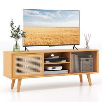 Tangkula Bamboo TV Stand for TVs up to 55” Media Console Table with 3-Level Adjustable Shelf Cable Management Holes