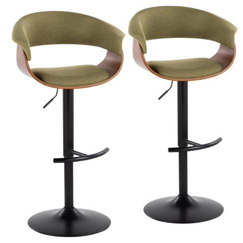 Set Of 2 Vintage Modern Adjustable Barstools Black walnut green