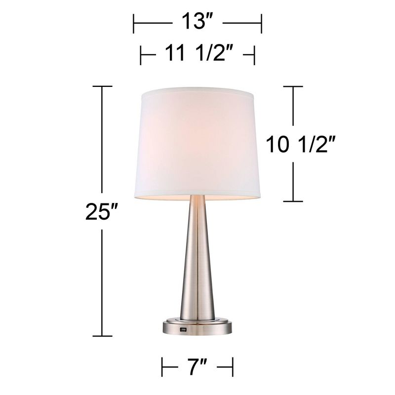 360 Lighting Karla Modern Table Lamps 25" High Set of 2 Brushed Steel Column with USB Charging Port White Fabric Shade for Bedroom Living Room Desk, 4 of 9