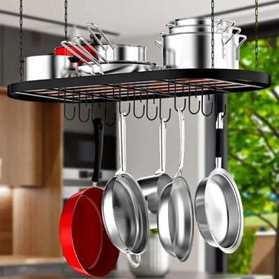 FONTOI Hanging Pot Rack with 12pcs Hooks Pots, Ceiling Mount Cookware Organizer, Oval Pan Hangers for Kitchen, Black, 11.5"*22"*33"