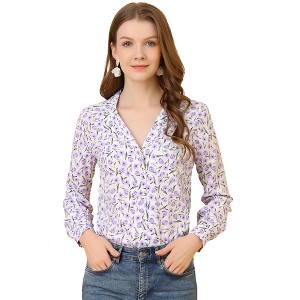 INSPIRE CHIC Women's Vintage Notched Lapel Long Sleeve Printed Button Down Tops - 1 of 4