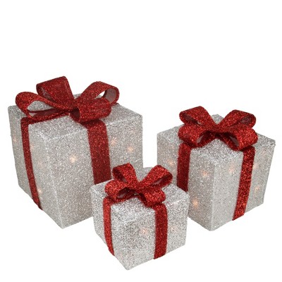 Northlight Set of 3 Silver Tinsel Lighted Gift Boxes with Red Bows Outdoor Christmas Decorations