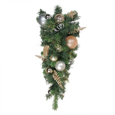 Northlight 32" Green and Rose Gold Ball Ornament Pine Artificial Christmas Teardrop Swag - Unlit
