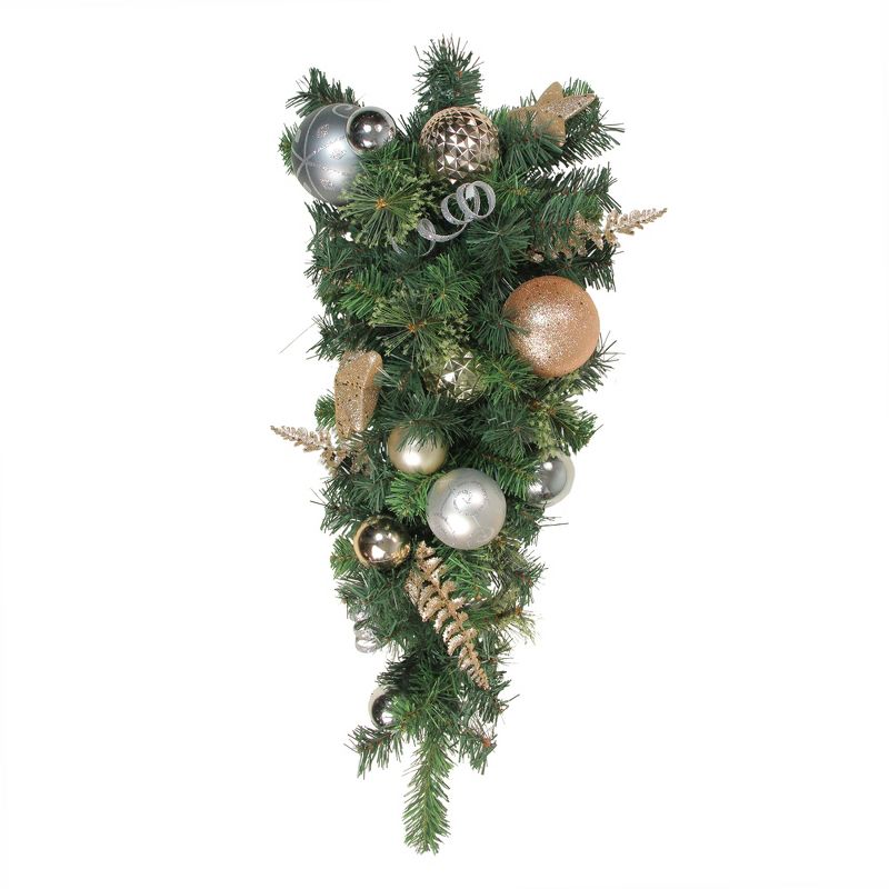 Northlight 32" Green and Rose Gold Ball Ornament Pine Artificial Christmas Teardrop Swag - Unlit, 1 of 3