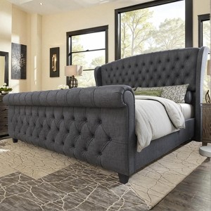 AMERLIFE Velvet Platform Bed Frame with Scroll Wingback Headboard & Footboard, Upholstered Sleigh Design - 1 of 4