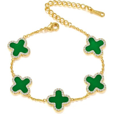 Qitian Clover Bracelet for Women 18K Gold Four Leaf Pink Lucky Link Clover Bracelets, Trendy Bracelets Set