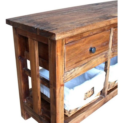 Rustic Reclaimed Wood Sideboard with Rattan Baskets, 39.4"