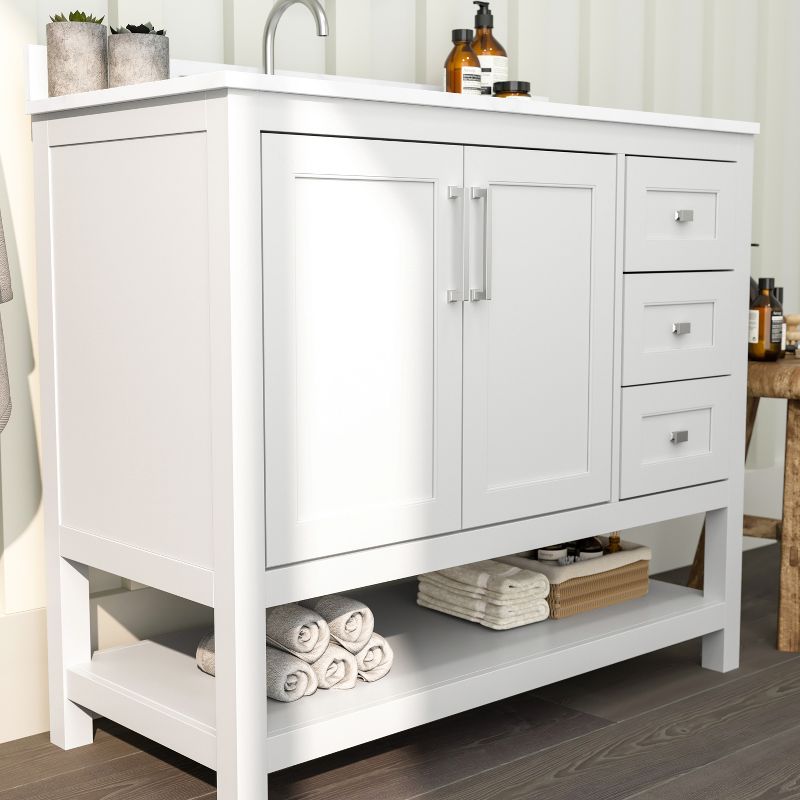 Merrick Lane Bathroom Vanity with Ceramic Sink, Carrara Marble Finish Countertop, Storage Cabinet with Soft Close Doors, Open Shelf and 3 Drawers, 5 of 13